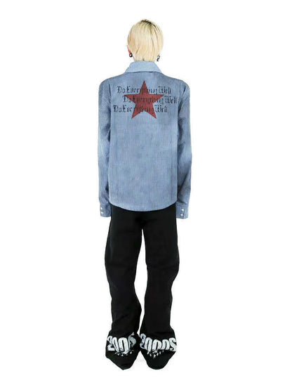 Washed blue striped casual long sleeve shirt with lapel collar on a hanger