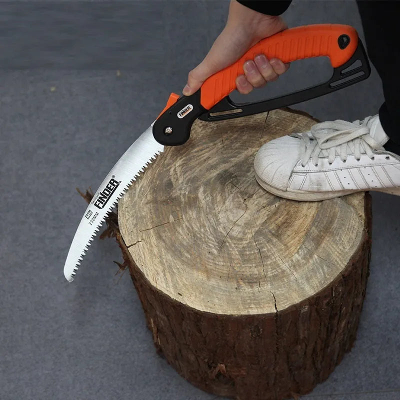 A folded and an open view of a 230mm garden folding saw with a black TPR grip and a steel blade.