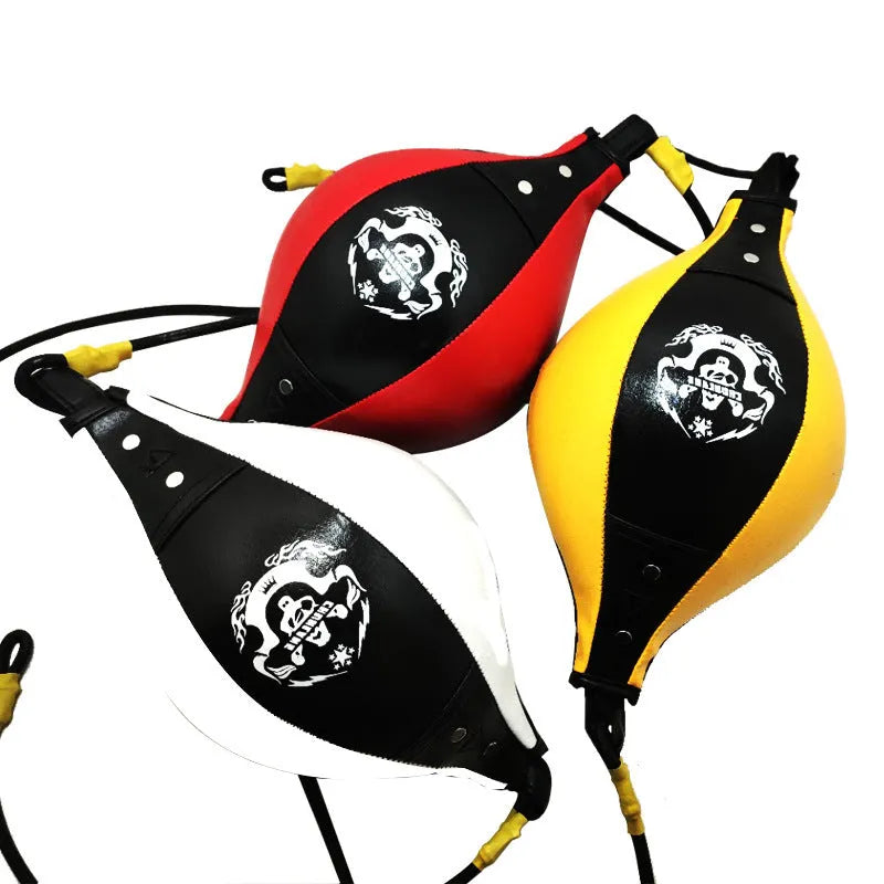 Boxing speed ball with diamond pattern construction made from durable PU material in hanging-style design for Muay Thai, martial arts training and fight reaction practice, available in black and red, black and white, or black and yellow colour options
