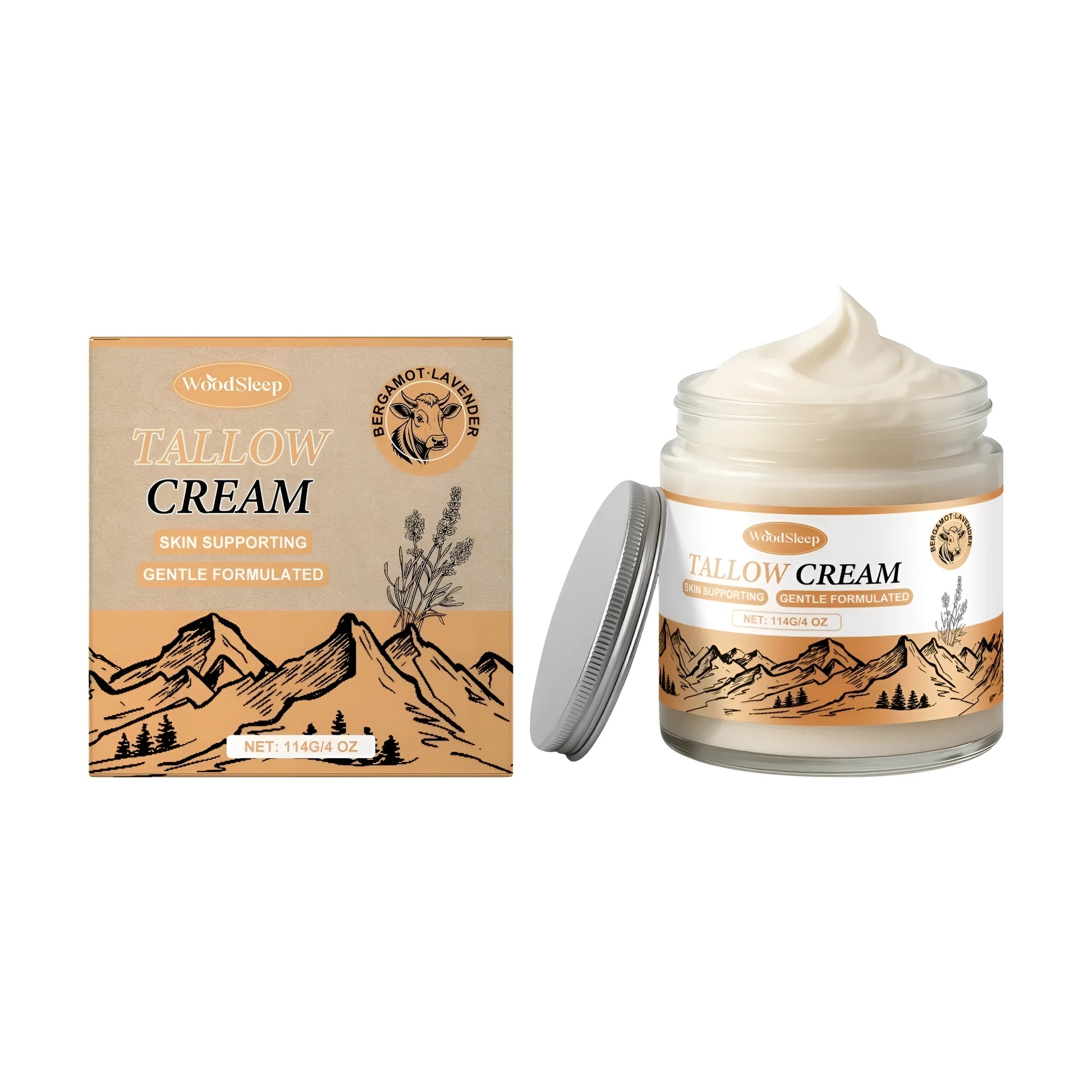 White jar of Cow Fat Moisturising Cream, 114g, with label showing ingredients.