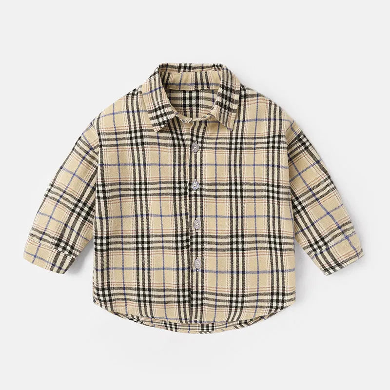 Men's khaki lattice shirt with animal print long sleeves on a hanger