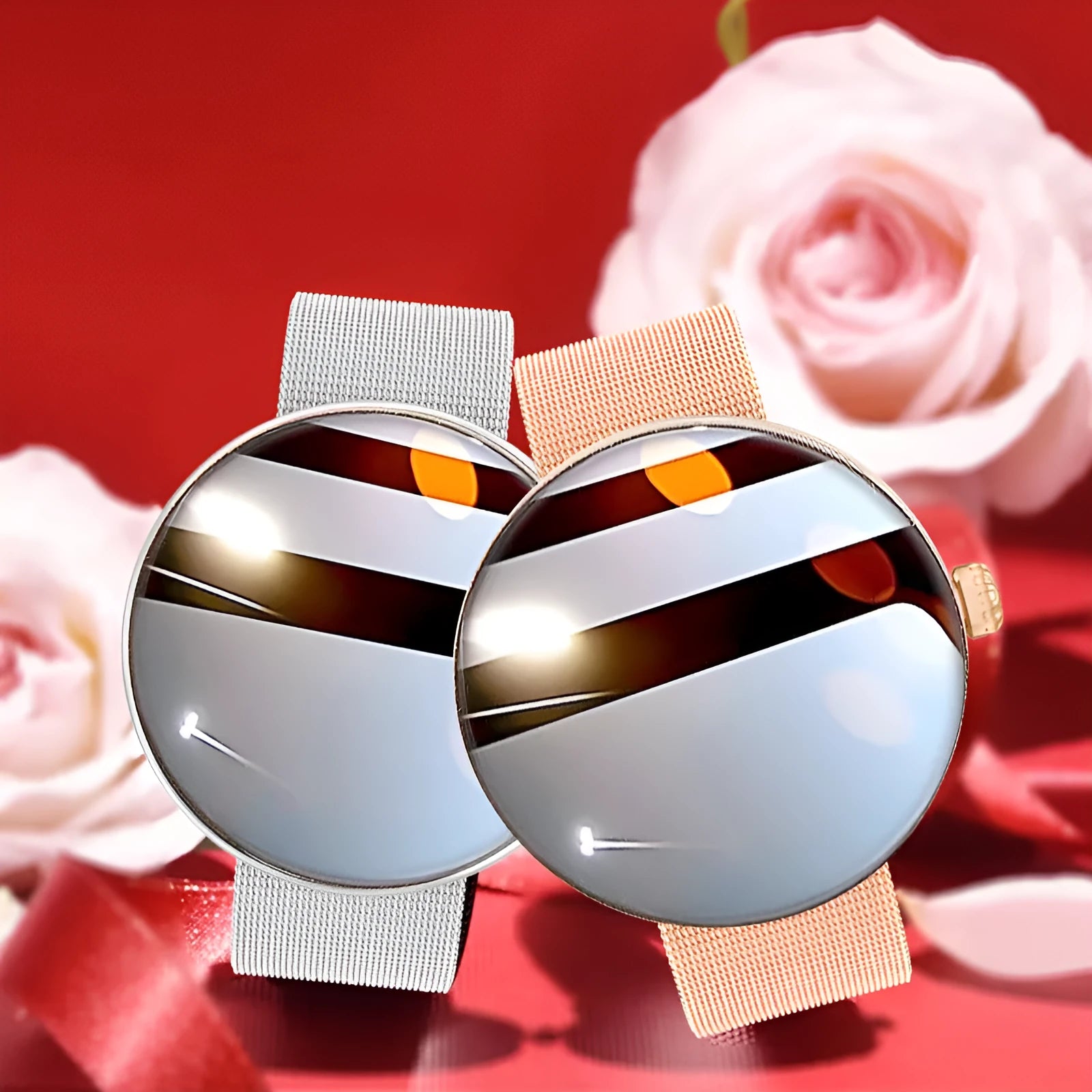 Women's smart watch with circular colour touch screen and metal strap in black, gold, or silver steel.