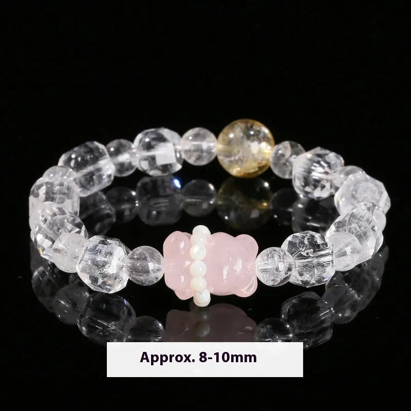 Women's geometric cat head bracelet with pink crystal beads and copper setting