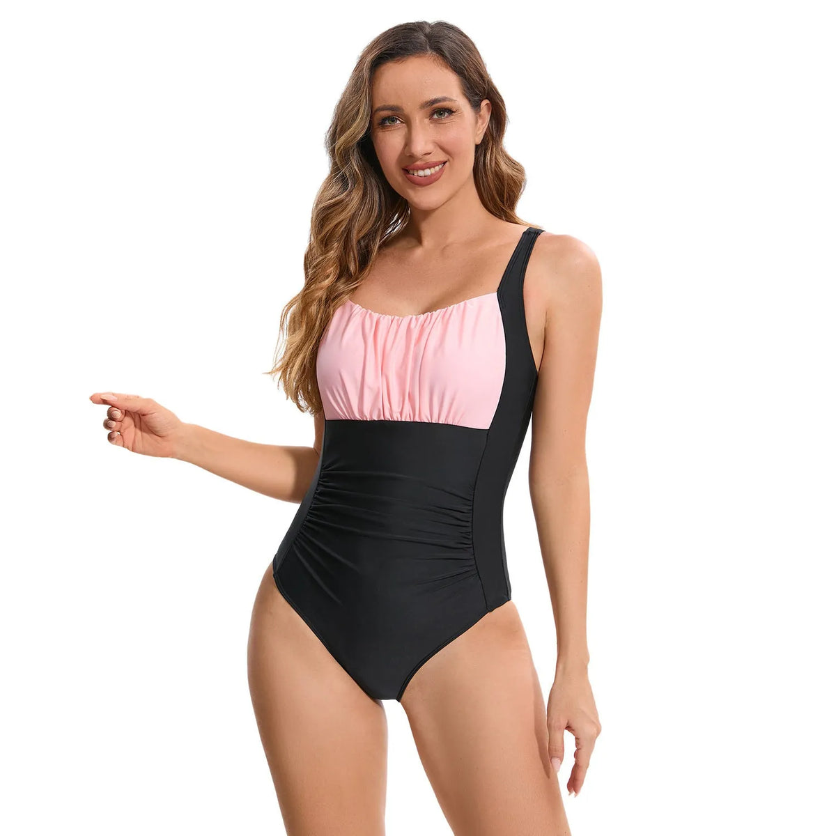 Women's one-piece swimsuit in multicolour prints including leopard print, navy blue and red, sizes S to XXL