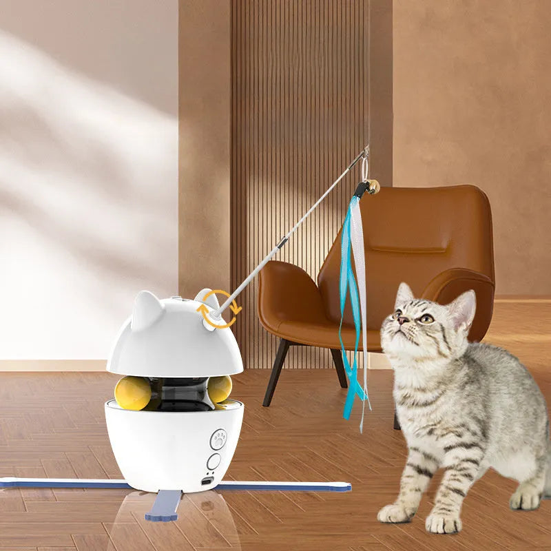 White automatic interactive cat toy with elastic rope on flexible stick for indoor feline play