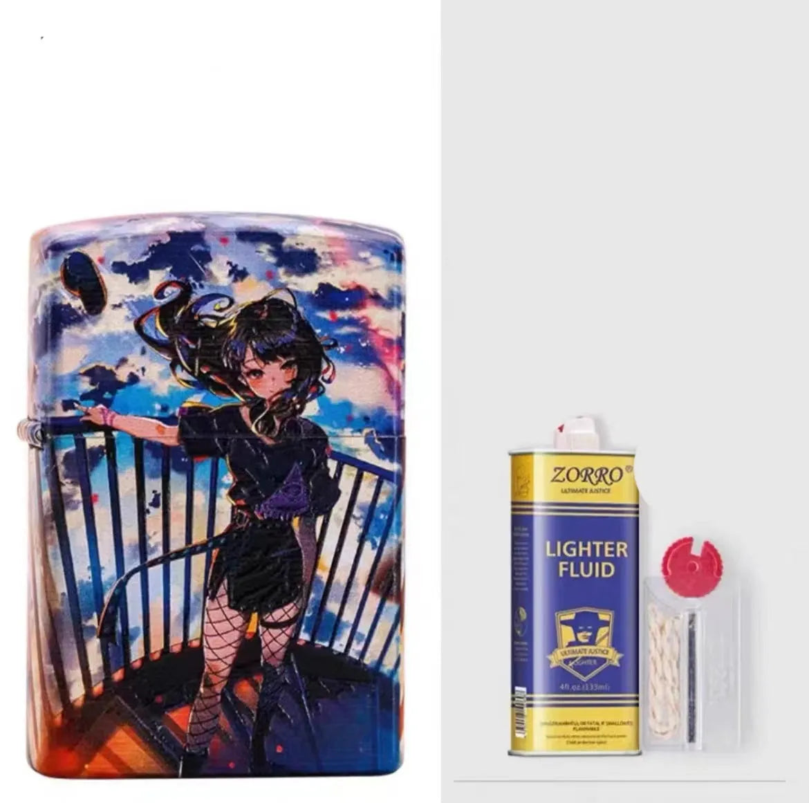 Windproof kerosene lighter with grinding wheel, pure copper case, shown with artistic design options.