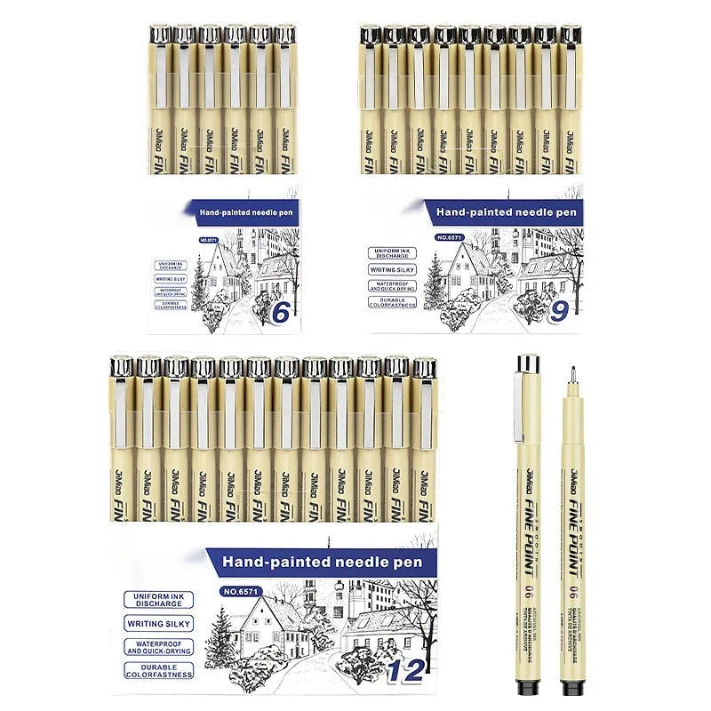 Waterproof black ink needle pen with cartoon syringe drawing on its 133mm plastic body.