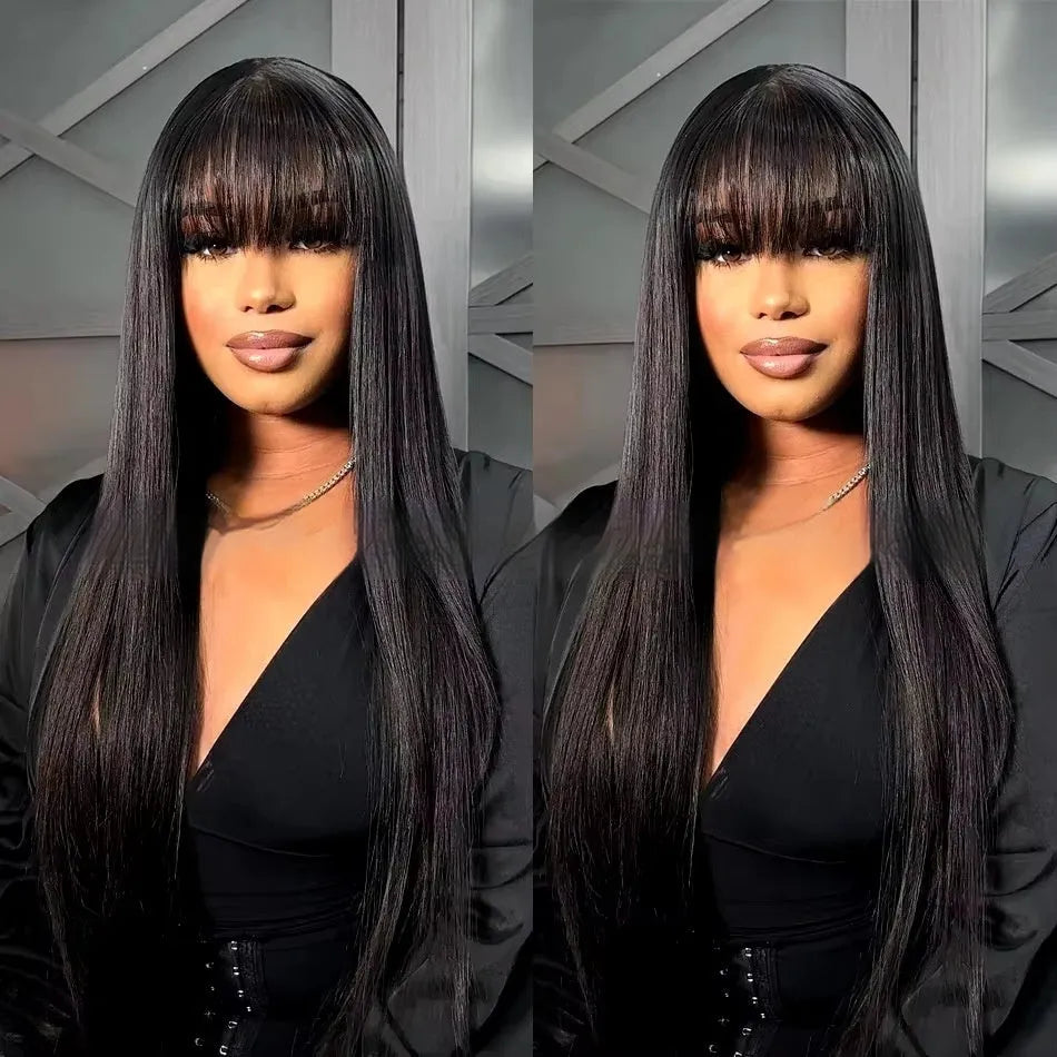 Women's natural colour full lace human hair wig on a stand, showing length options.