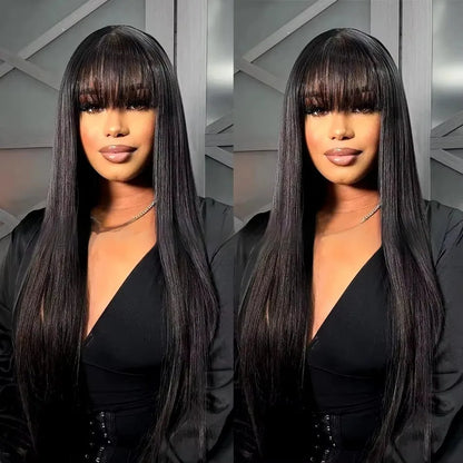 Women's natural colour full lace human hair wig on a stand, showing length options.