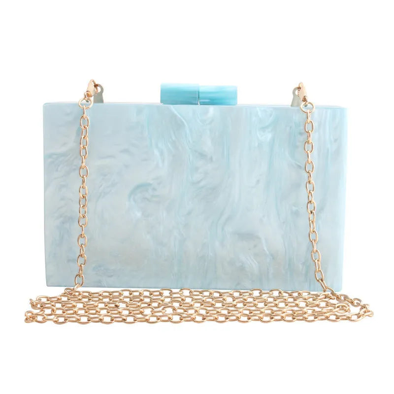 Women's hard acrylic clutch bag with long chain and metal hook fastening, marble pattern luxury handbag in white, blue, black, pink, gold or apricot colour, small-sized square design with internal phone and document pockets