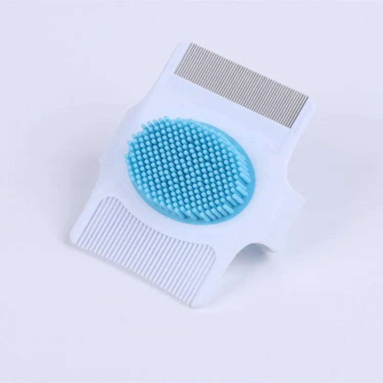 Blue and green multifunctional pet grooming tool with floating hair removal and massage features