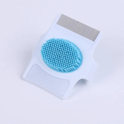 Blue and green multifunctional pet grooming tool with floating hair removal and massage features