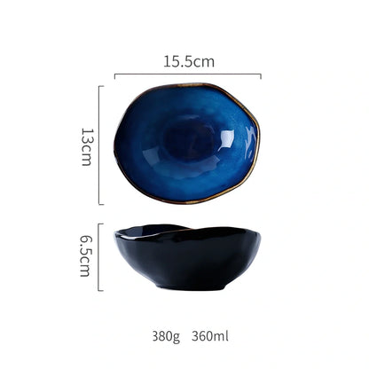 Deep blue irregular ceramic flat plate, 20.5cm diameter with kiln glaze, smooth surface for easy cleaning