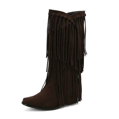 Women's black suede high boots with tassel detail, chunky heel, and square toe.