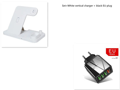 4-in-1 wireless charging station with adjustable magnetic stand charging phone, watch, earbuds, and stylus on a desk