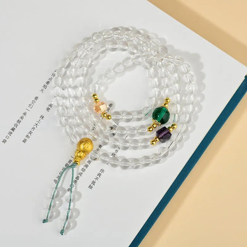 White crystal 108 bead rosary bracelet with geometric ethnic style