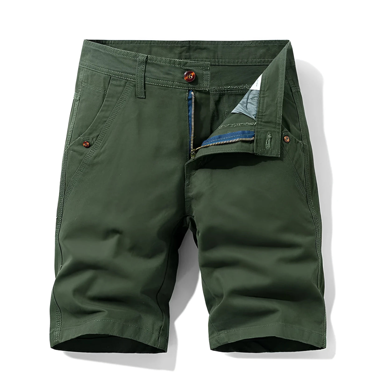 Cotton casual overalls pants in straight leg style with zipper fly front.