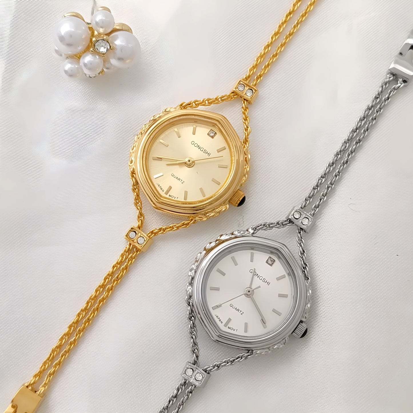 Women's quartz watch with 25mm dial, mineral glass mirror, and chain strap in gold or silver colour