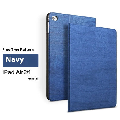 Black imitation leather protective sleep bracket cover for iPad cases shown beside sapphire blue version