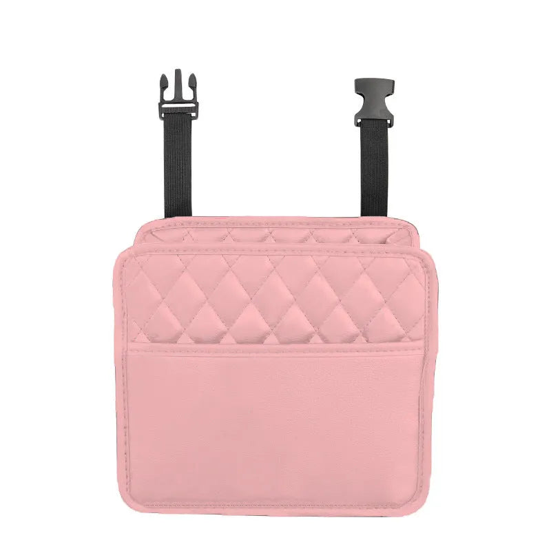 Black leather hanging storage bag for car interior organisation and trash.