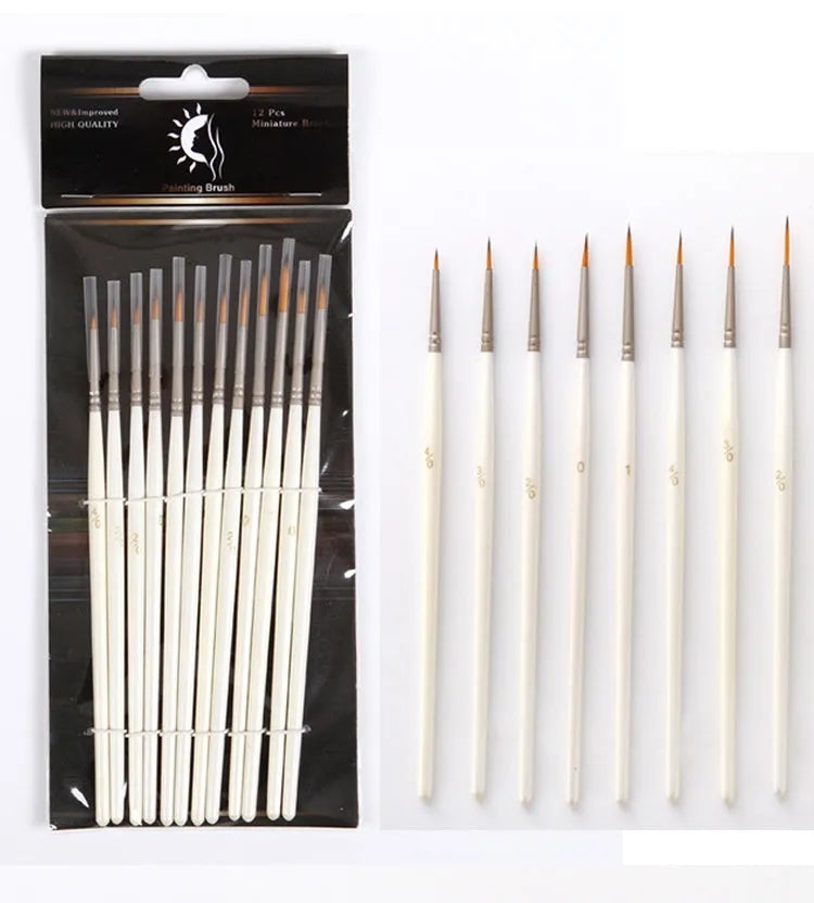 Set of 12 pearl white nylon wool hook line art brushes in a solid wood pen holder.