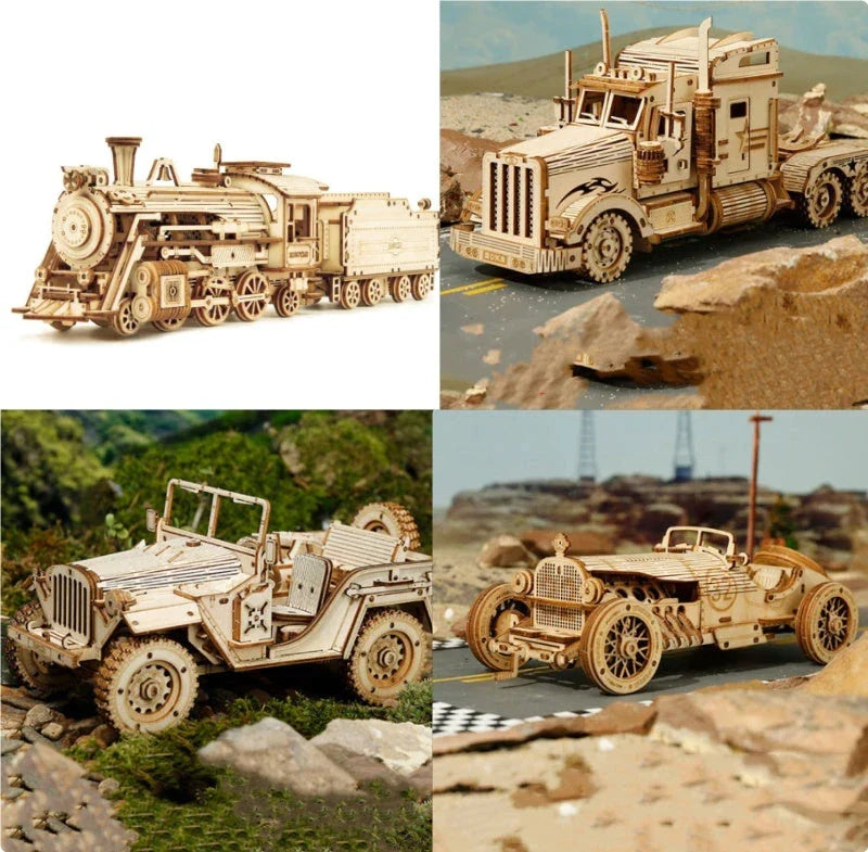 Premium model wooden train kit with 308 precision-cut wooden pieces for a rewarding DIY assembly project
