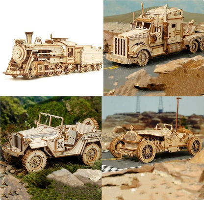 Premium model wooden train kit with 308 precision-cut wooden pieces for a rewarding DIY assembly project