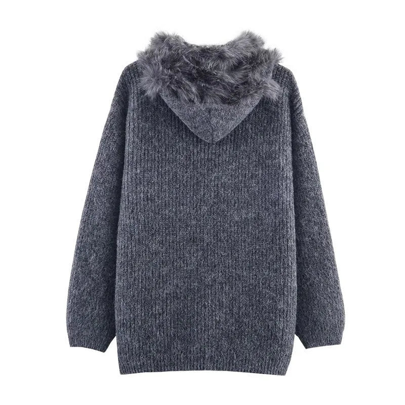 Women's striped hoodie knitted coat with horn button and contrast colour detail in gray or khaki
