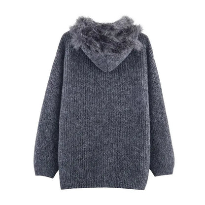 Women's striped hoodie knitted coat with horn button and contrast colour detail in gray or khaki