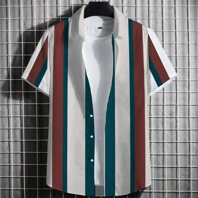 Men's linen short sleeve T-shirt with 3D printing and striped pattern in multiple colour options
