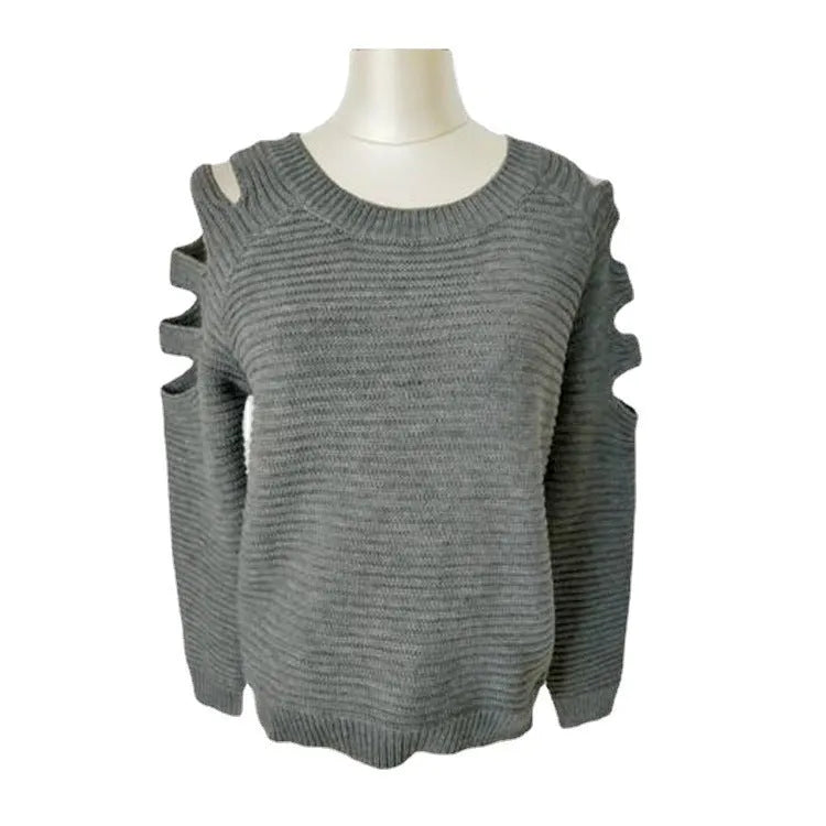 Women's white knitted shirt with hollow-out crochet pattern, round neckline, and long sleeves