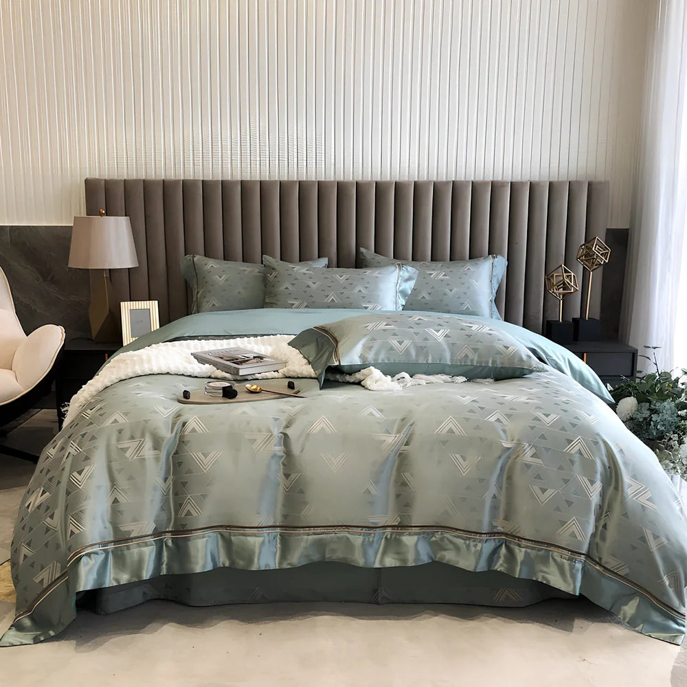Pure cotton duvet cover with geometric jacquard pattern in Nordic style, showing embroidery texture detail