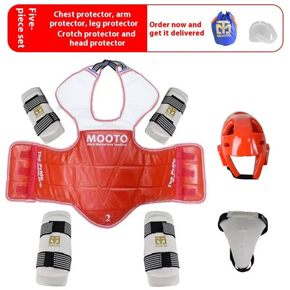 Taekwondo protective gear set in red or blue with four to eight pieces and sizes from 110cm to 190cm