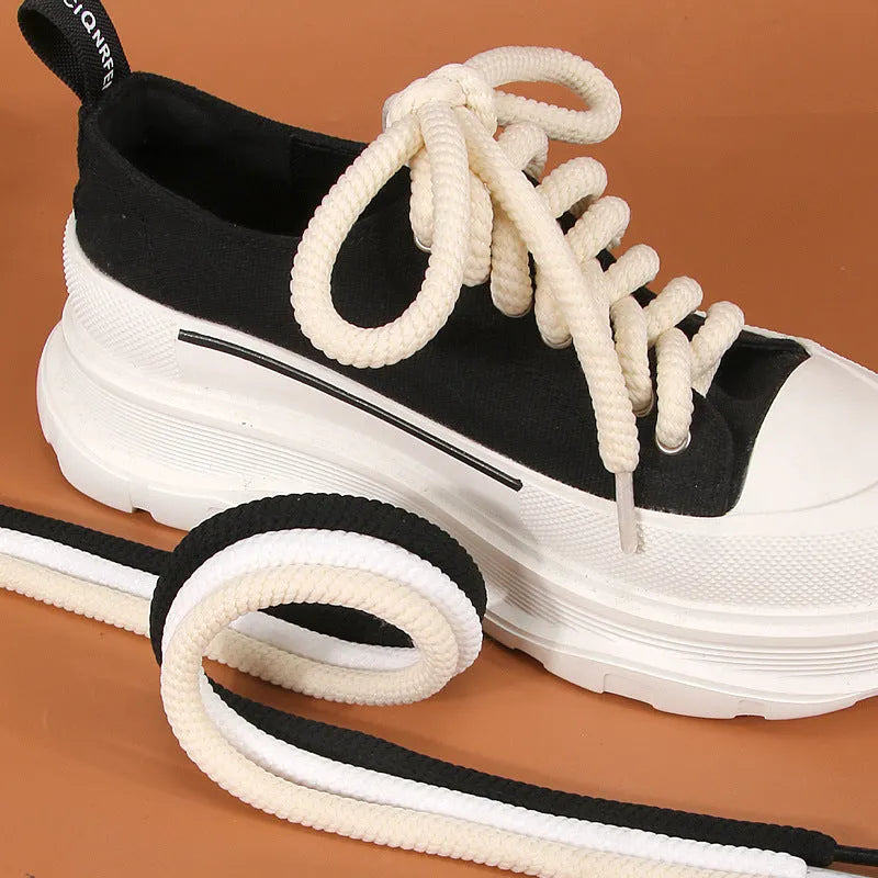 Round woven shoelaces for bread shoes, solid colour laces with 10mm diameter, available in 80cm 100cm 120cm 140cm 160cm lengths in white beige and black colour options with standard or thick versions