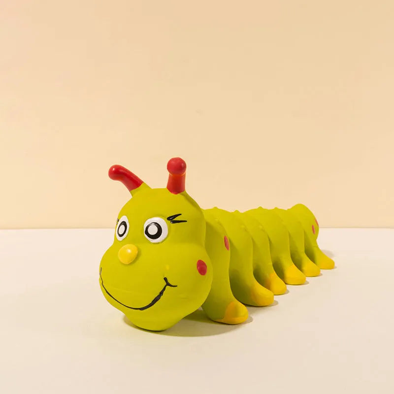 Yellow rubber caterpillar dog toy with squeaker for small medium dogs