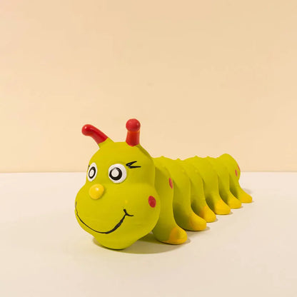 Yellow rubber caterpillar dog toy with squeaker for small medium dogs