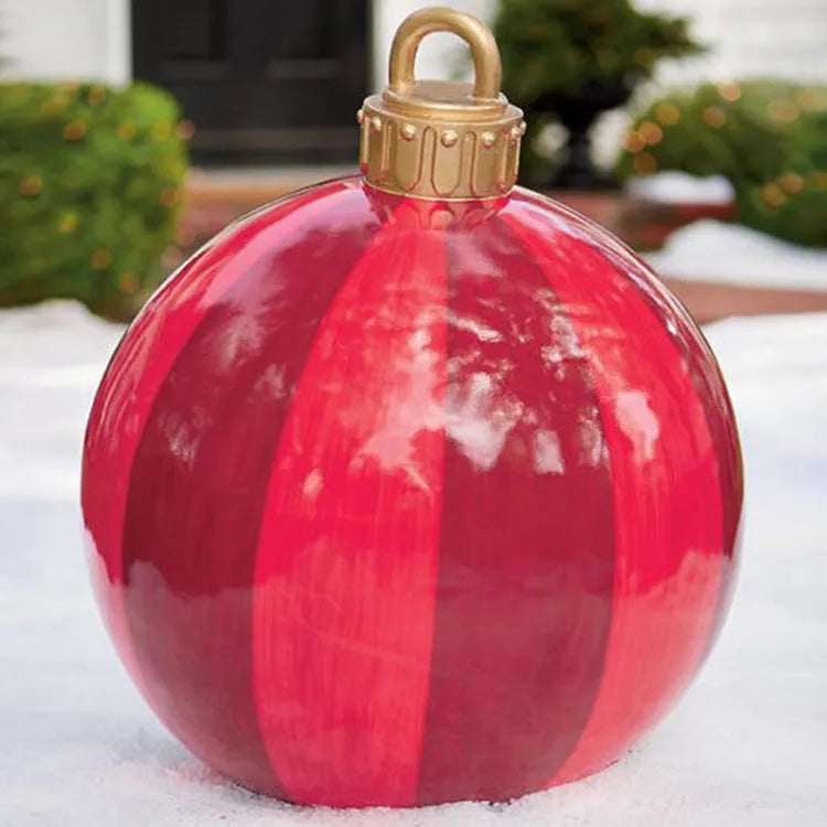Large 60cm inflatable PVC Christmas decoration ball in bright colours for outdoor garden or tree display.