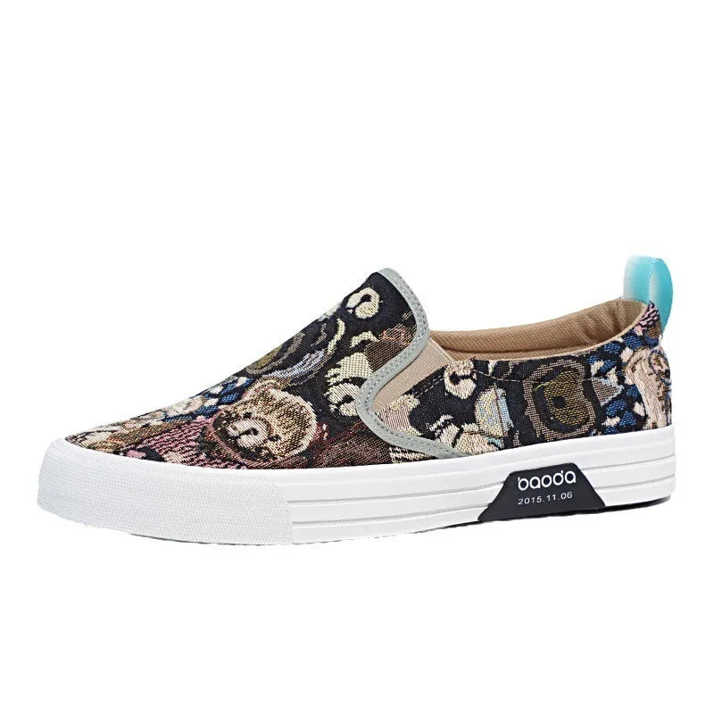 Low-top canvas slip-on sneakers with a vulcanised rubber sole in khaki colour on a neutral background.
