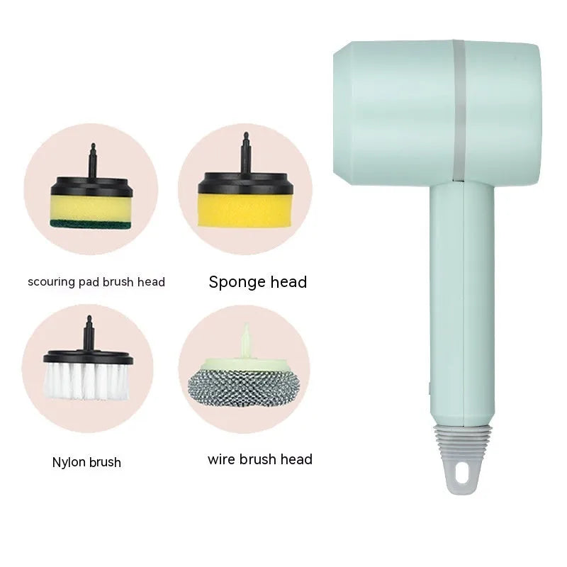 Green electric cleaning brush with multiple brush heads on a kitchen worktop.