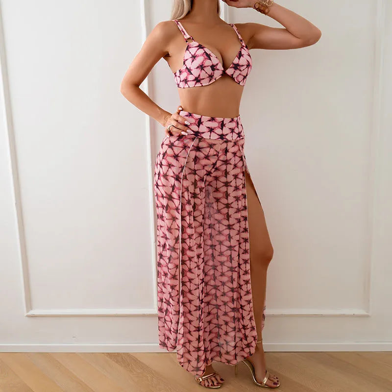Women's three-piece polyester bikini set in quick-drying fabric with high elasticity
