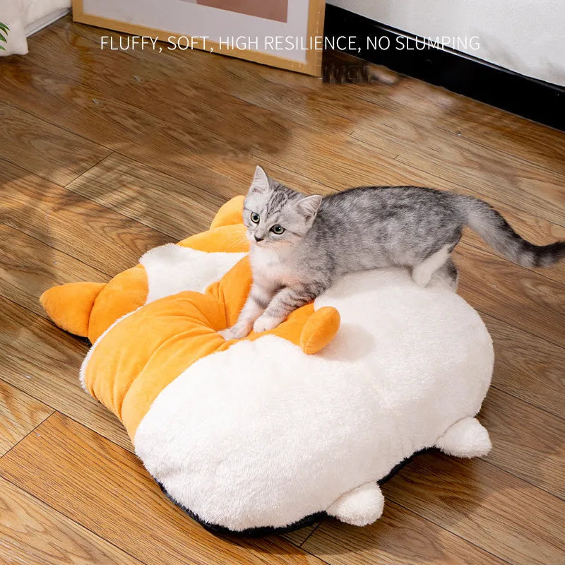 Orange fleece interior of a semi-closed cat sleeping bag measuring 65cm by 53cm.