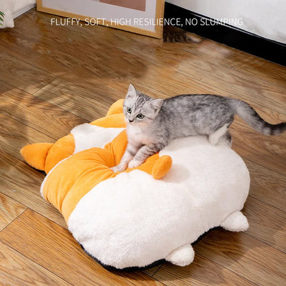 Orange fleece interior of a semi-closed cat sleeping bag measuring 65cm by 53cm.