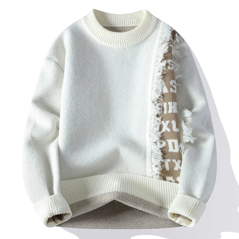 Men's loose grey knitted pullover with ribbed hem, long sleeves, and a casual fit on a hanger.