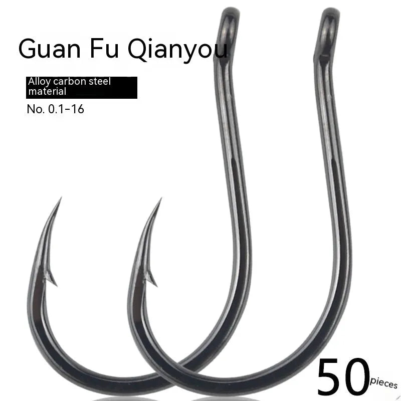 Bulk pack of barbed fishing hooks in various sizes on a blue background, showing crooked mouth and hole ring design.
