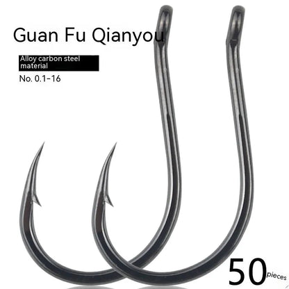 Bulk pack of barbed fishing hooks in various sizes on a blue background, showing crooked mouth and hole ring design.