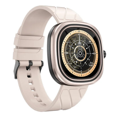 Square pink Bluetooth smartwatch with silicone band on a wrist, showing its touchscreen display.