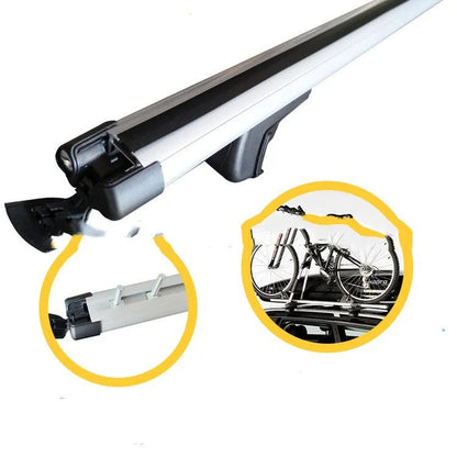 Alloy roof rack crossbars set for a General Motors SUV, showing adjustable length.