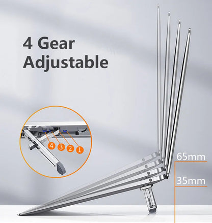 Silver aluminium laptop stand with an adjustable base on a wooden desk.