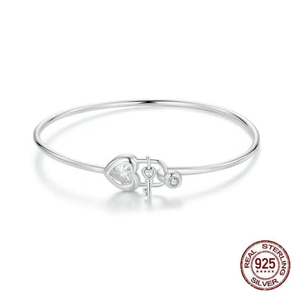 925 sterling silver heart-shaped lock buckle bracelet in silver colour, 17cm or 19cm length, 2mm chain