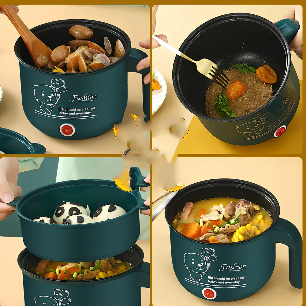 Emerald green electric cooker with stainless steel pot and dual-layer cooking capability
